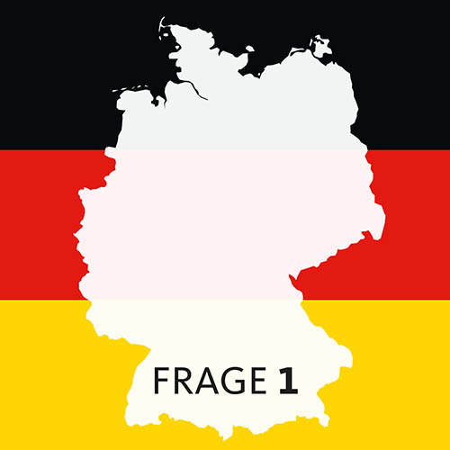 Weiße Bundesrepublik auf schwarz-rot-gelbem Hintergrund mit der Aufschrift "Frage 1"
