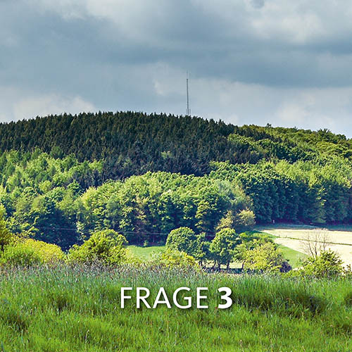 Bewaldeter Hügel mit Mast am Gipfel; Aufschrift "Frage 3"