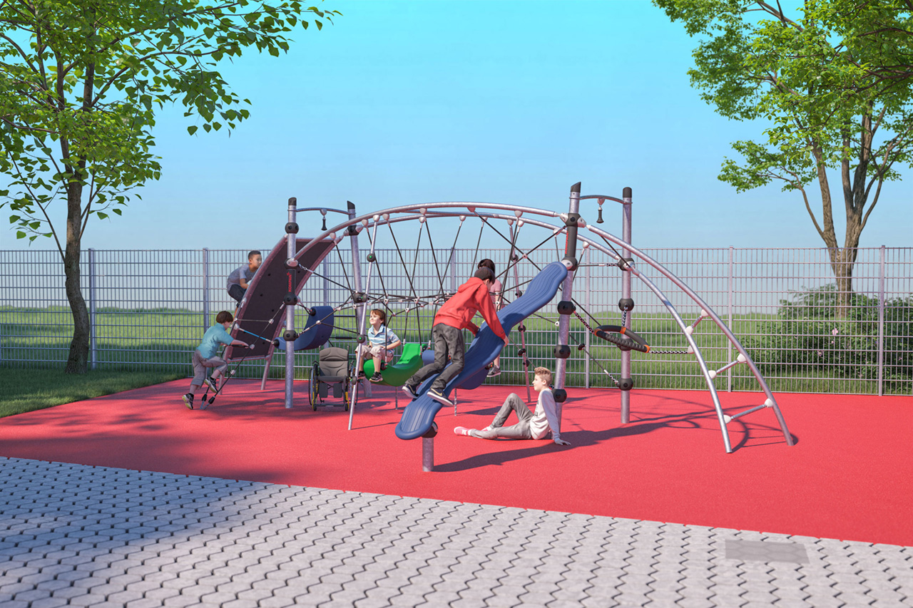 Architektursimulation eines Spielplatzes mit spielenden Kindern