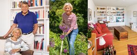 Eine Zusammenstellung von drei Bildern: Das erste zeigt das Seniorenpaar Doris und Jochen Rohde, das zweit zeigt Doris Rohde glücklich bei der Gartenarbeit und im dritten Bild sieht man den Wohnbereich einer Wohnung der Seniorenresidenz