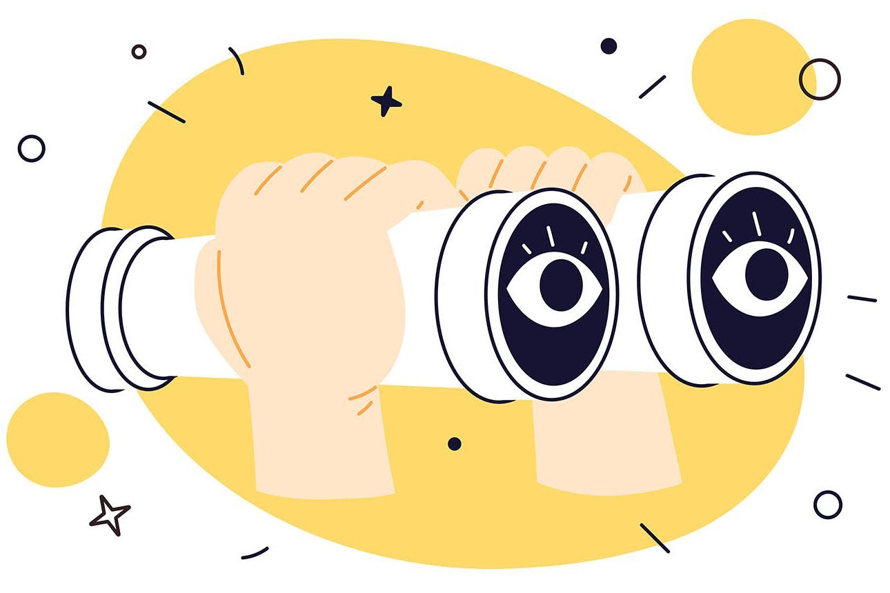 Illustration; Hände halten Fernglas; Augen auf den Gläsern abgebildet