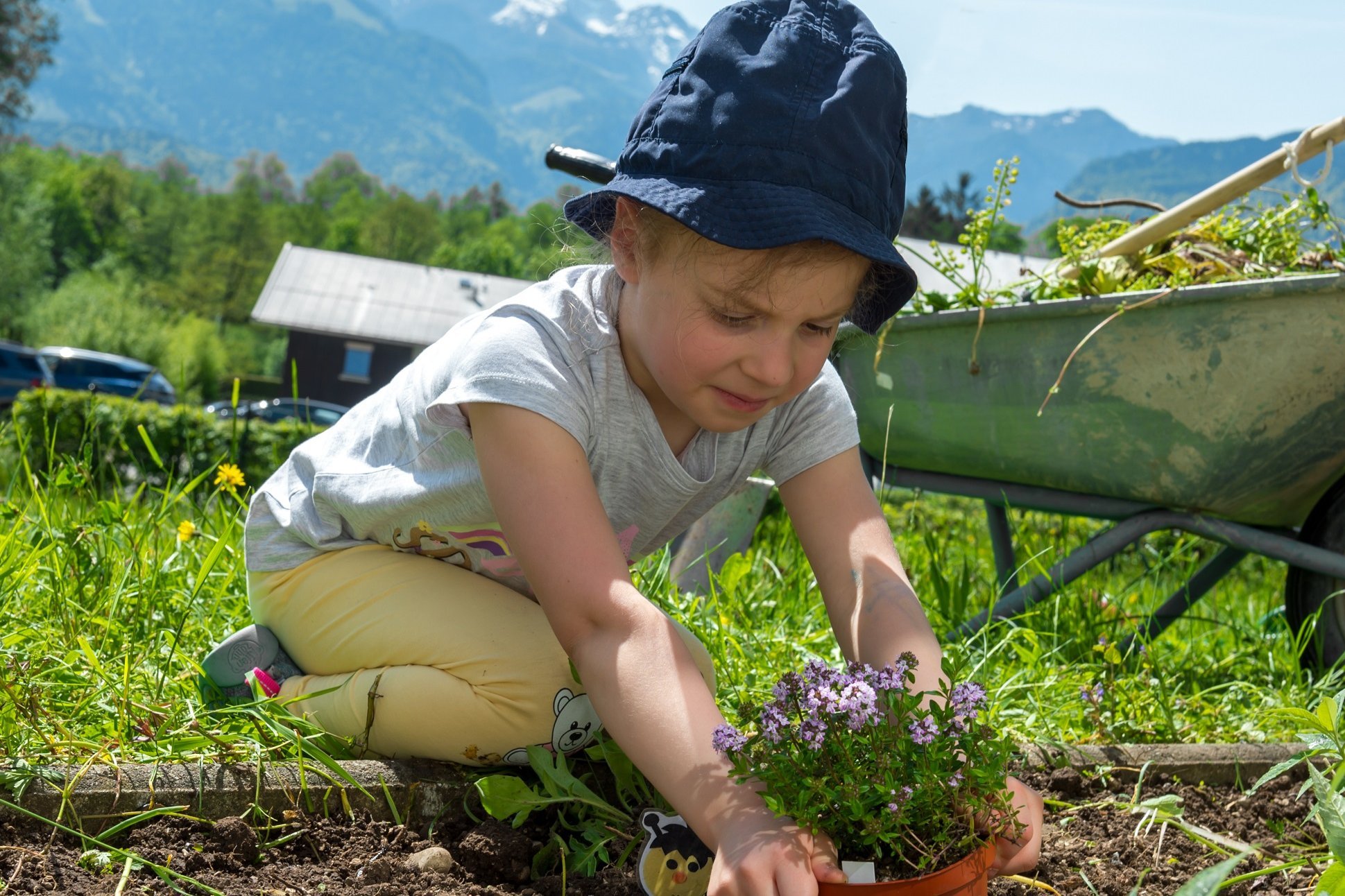 Ein Kind sitzt in einem Garten und pflanzt eine Pflanze ein 