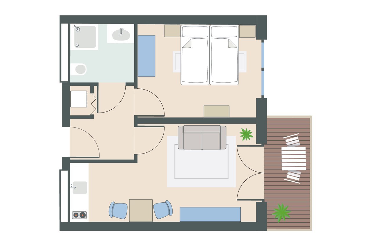 Grundriss einer 51-Quadratmeter-Wohnung des Augustinum Berchtesgadener Land