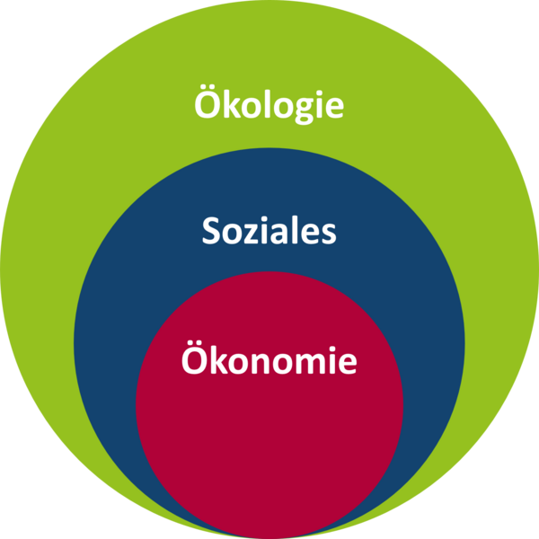 Drei ineinander liegende Kreise zeigen den sog. "Nested Circle". Der äußerste Kreis stellt die Ökologie dar, also die Umwelt. Er schließt dabei auf zweiter Ebene das Soziale, also die Menschen, sowie auf dritter Ebene die Ökonomie ein.