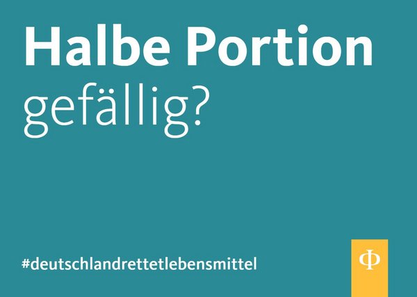 Türkise Postkarte mit der Frage: Halb Portion gefällig?