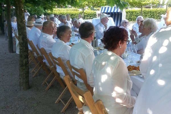 Senior*innen sitzen gemeinsam an einem großen Tisch