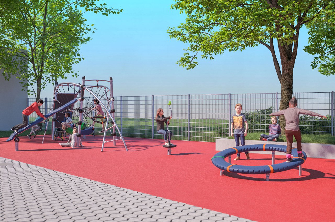 Architektursimulation eines Spielplatzes mit spielenden Kindern