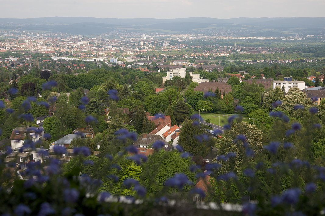 Auf der anderen Seite des Hauses erschließt sich ein weiter Blick ins Tal der Fulda.