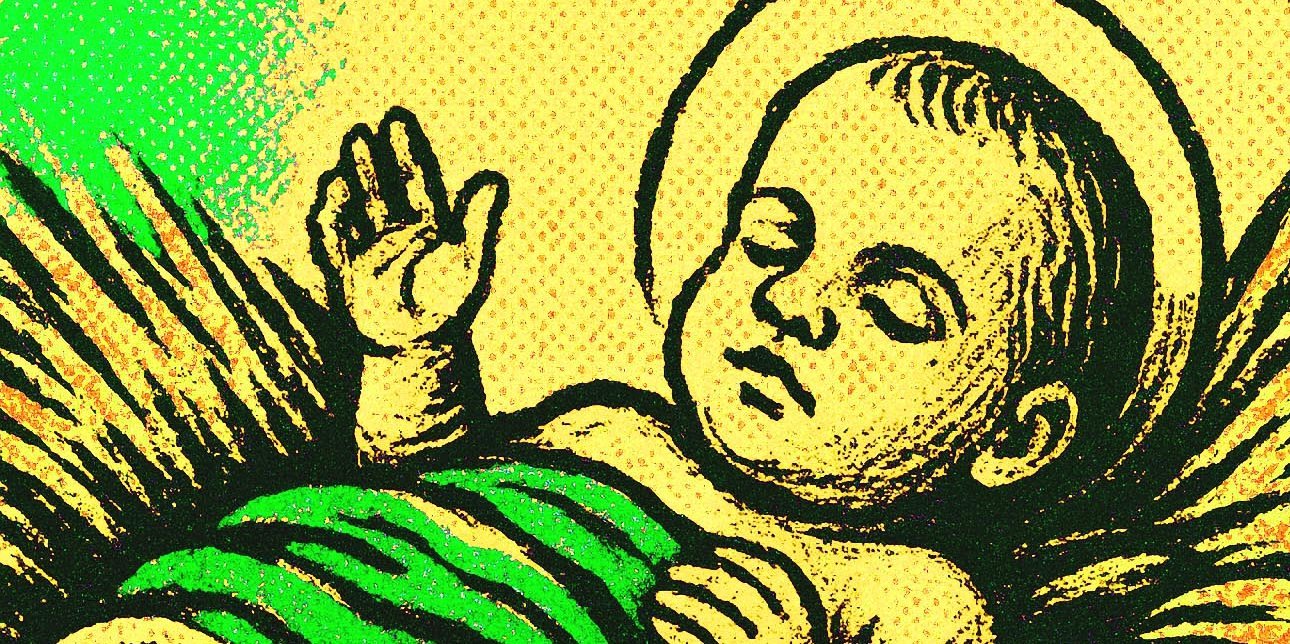 Jesus in der Krippe, farbiger Siebdruck