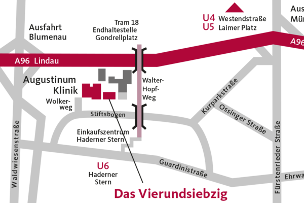 Das Vierundsiebzig und die Augustinum Klinik auf einer Karte im Sinne einer Anfahrtsbeschreibung