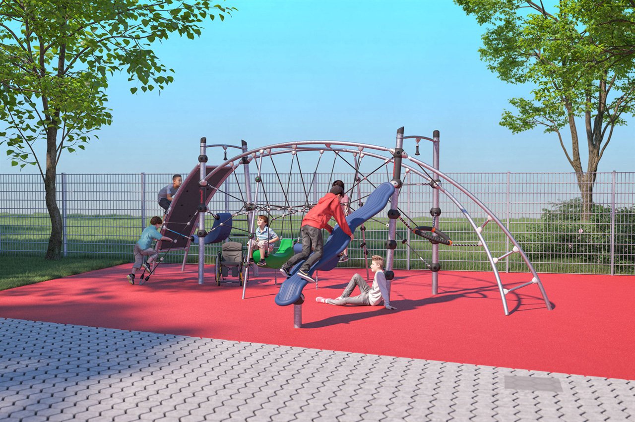 Architektursimulation eines Spielplatzes mit spielenden Kindern