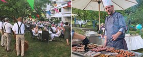 Zwei Einblicke in das Sommerfest: Zum einen Senior*innen, die an Tischen vor der Seniorenresidenz Heidelberg sitzen, während die Band spielt und zum anderen ein Mann, der am Grill steht