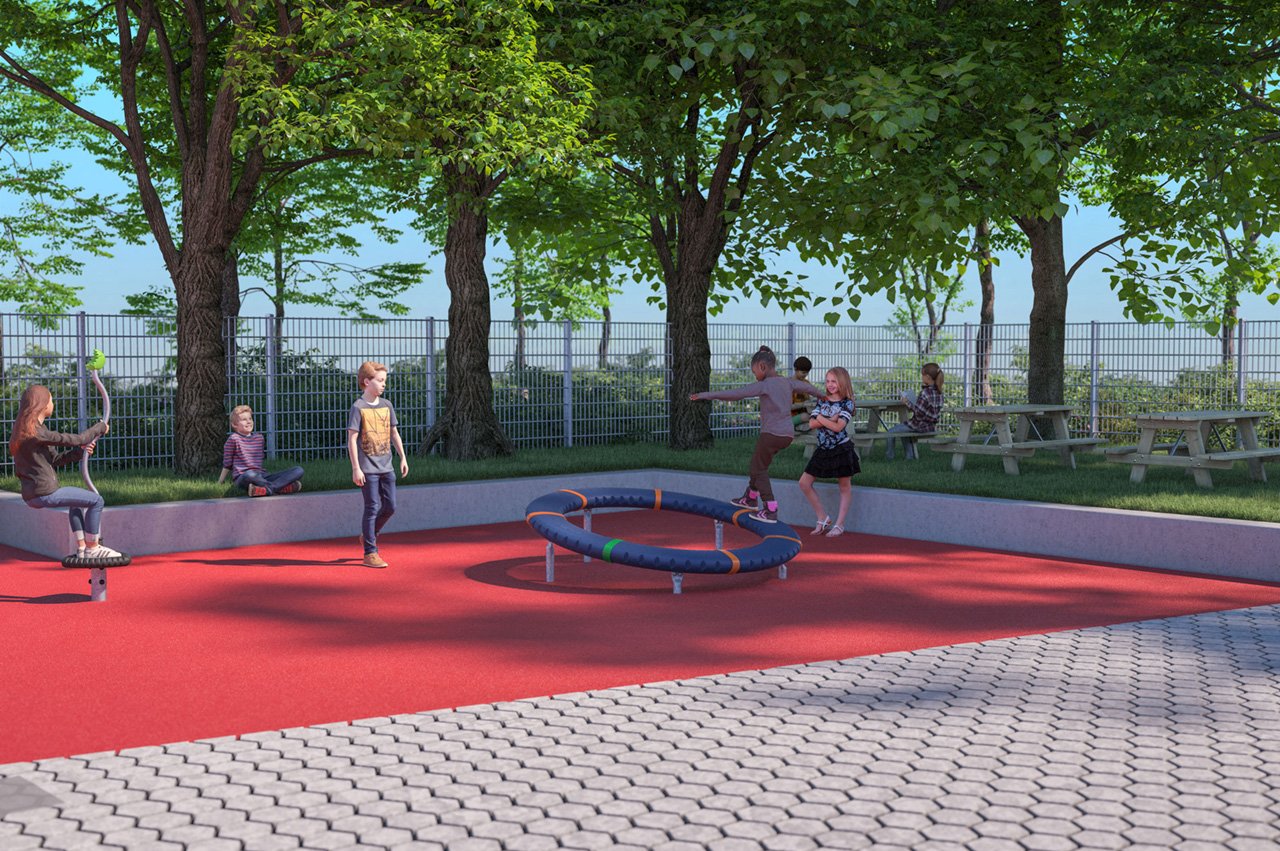 Architektursimulation eines Spielplatzes mit spielenden Kindern