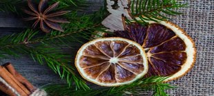 Orangenscheiben und Zimtstangen auf Tannengrün Orangenscheiben und Zimtstangen auf Tannengrün