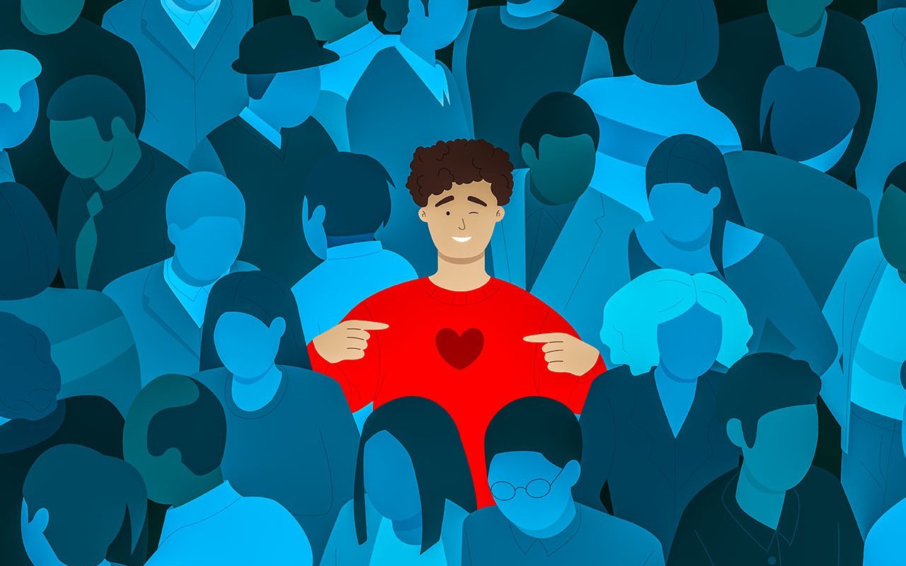 Illustration: Mann mit rotem Pullover mit Herzmotiv in einer anonymen Menschenmenge
