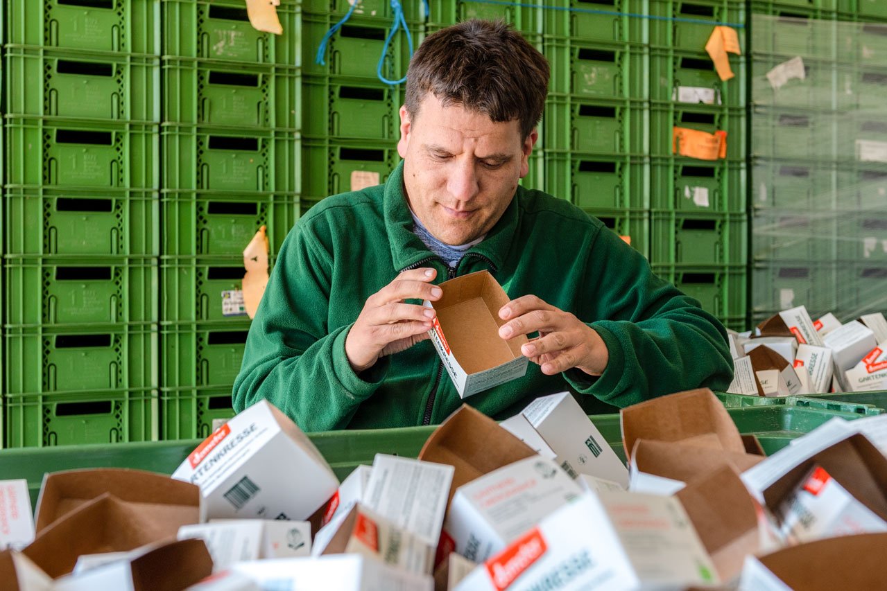 Ein Klient der Augustinum Gärtnerei Hollern faltet Kresseverpackungen