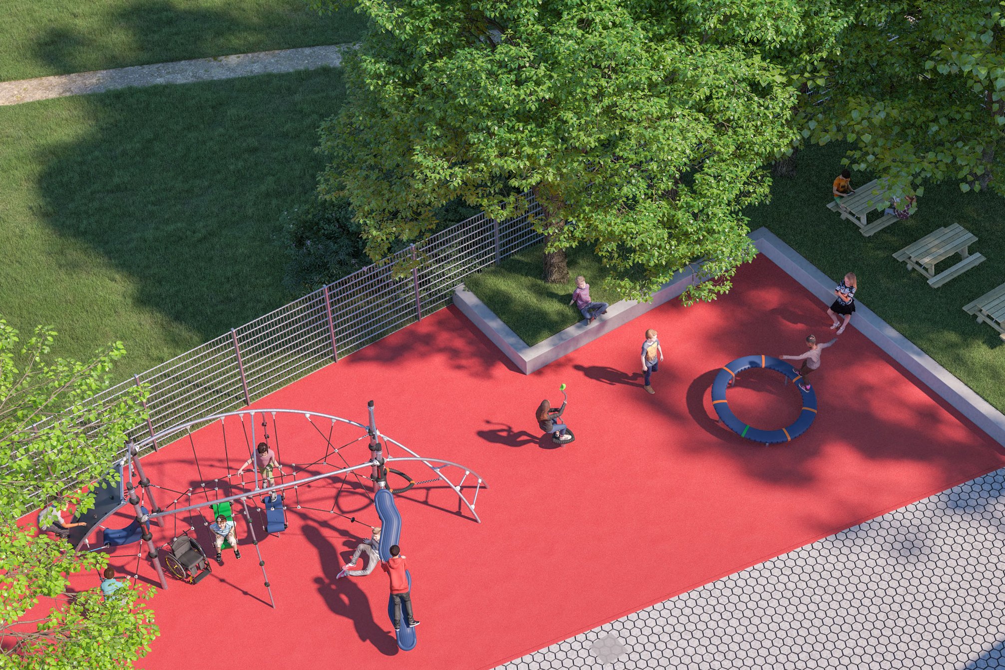 Vogelperspektive des Entwurfs des Spielplatzes mit den dazugehörigen Spielgeräten und den dort spielenden Kindern