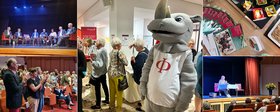 Collage mit Einblicken in die Themenwoche. Dazu gehören Flyer, ein klatschendes  Publikum, Vorträge auf der Bühne und Besucher*innen mit dem Augustinum-Maskottchen im Foyer