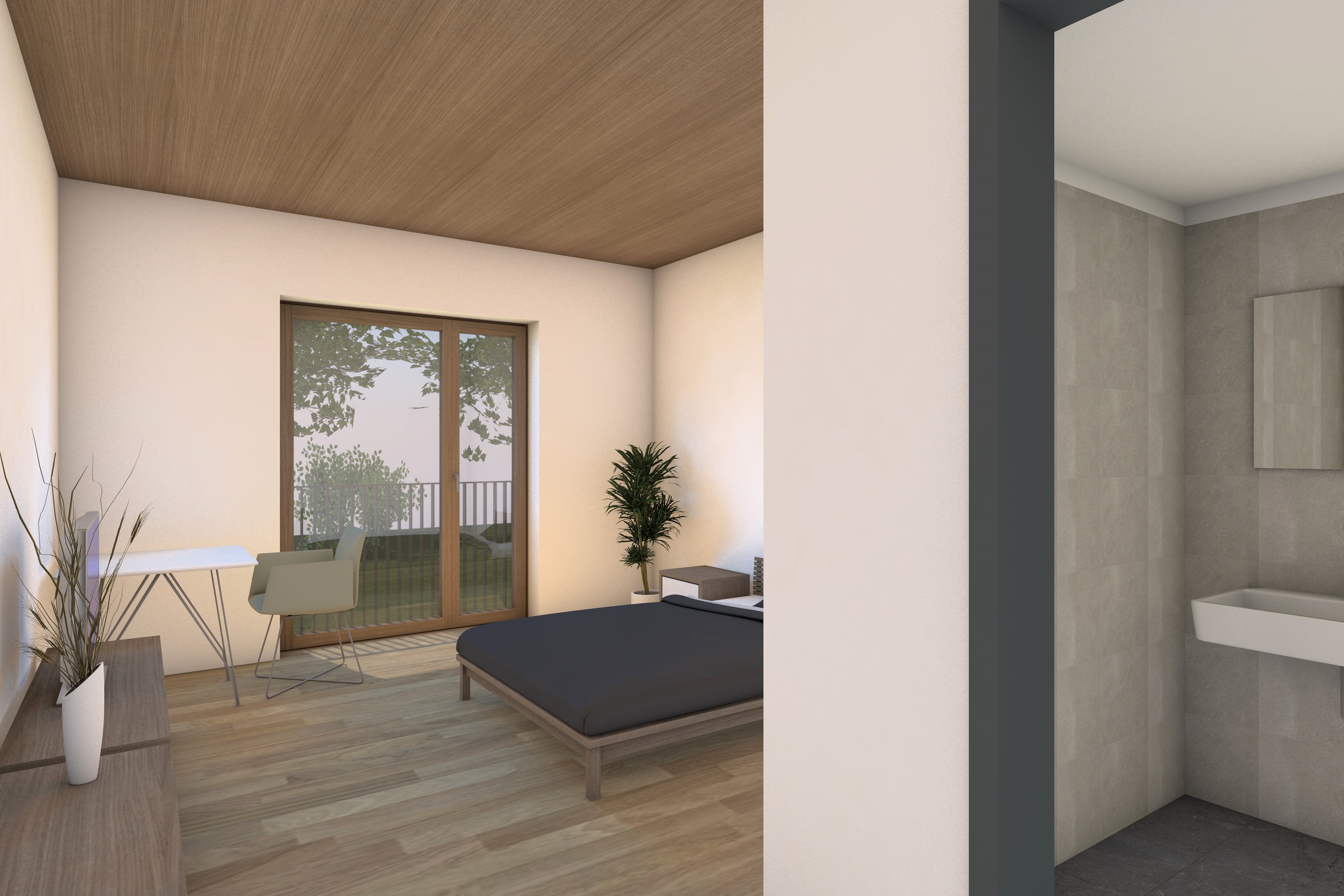 Ein Bewohnerzimmer der nachhaltigen Wohnstätte